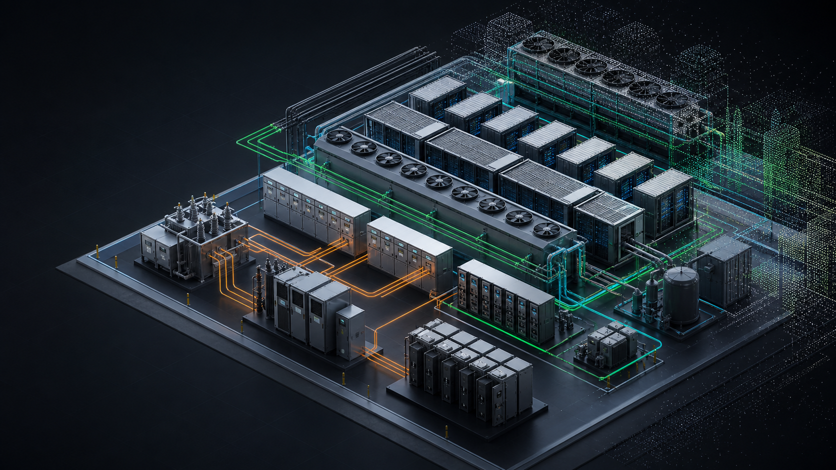 Concept visualization of modular data-center racks, power equipment, and cooling systems